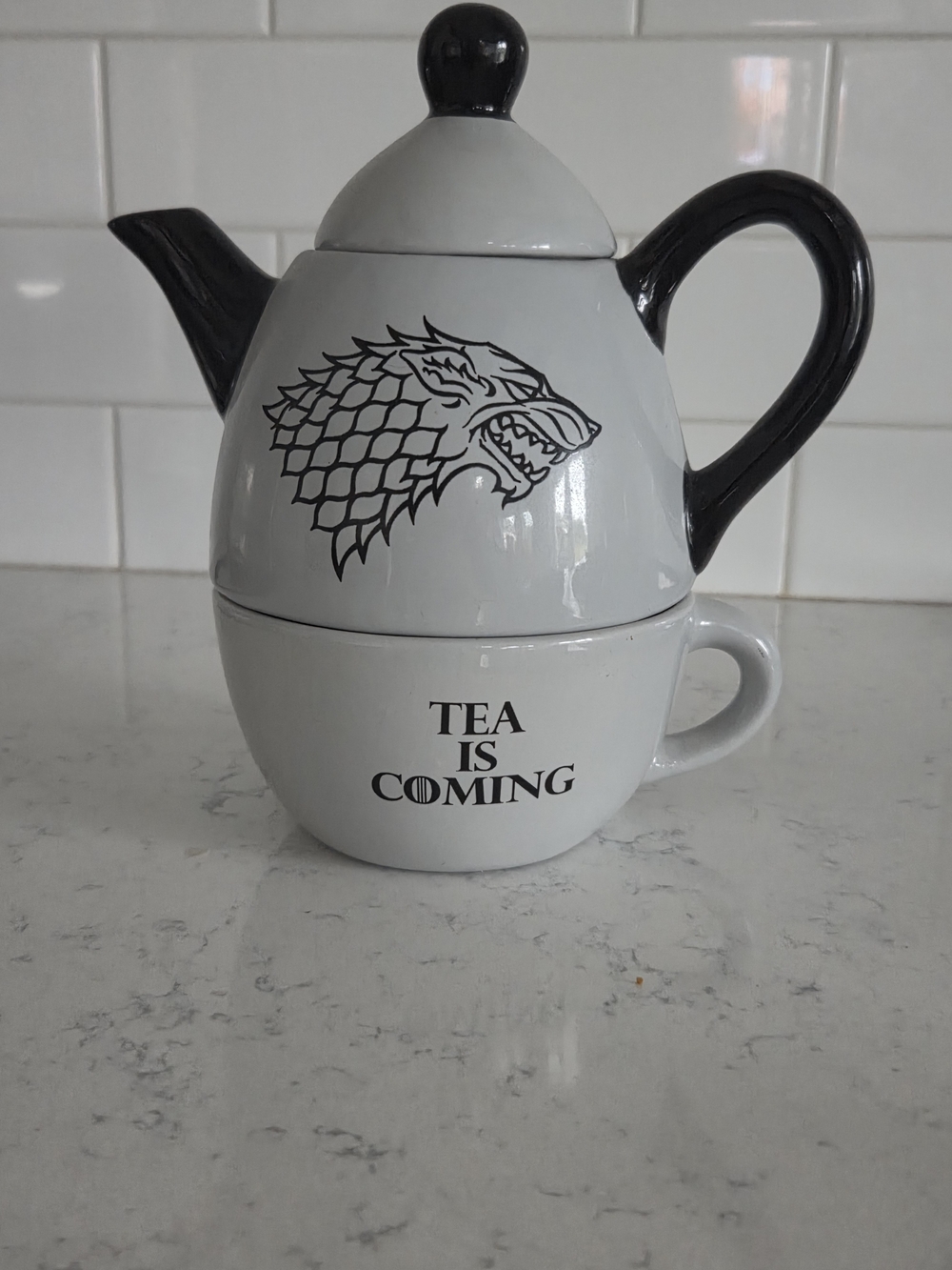 Tea Is Coming White and Black Ceramic Teapot and Cup Set